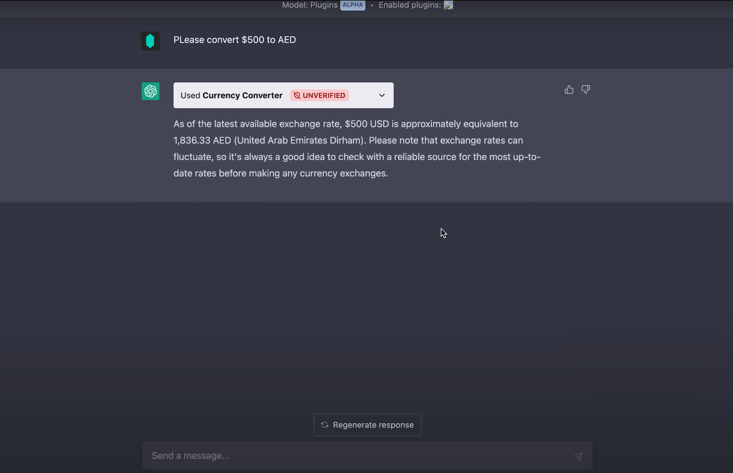 ChatGPT plugin currency converter