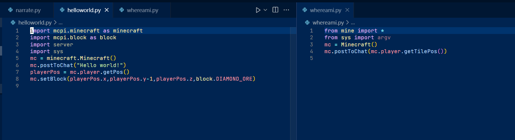 the various scripts inside mcpipy directory, such as helloworld.py which return 'Hello World'! and spawn a diamond ore block, and whereami.py which simply returns the position of player character.