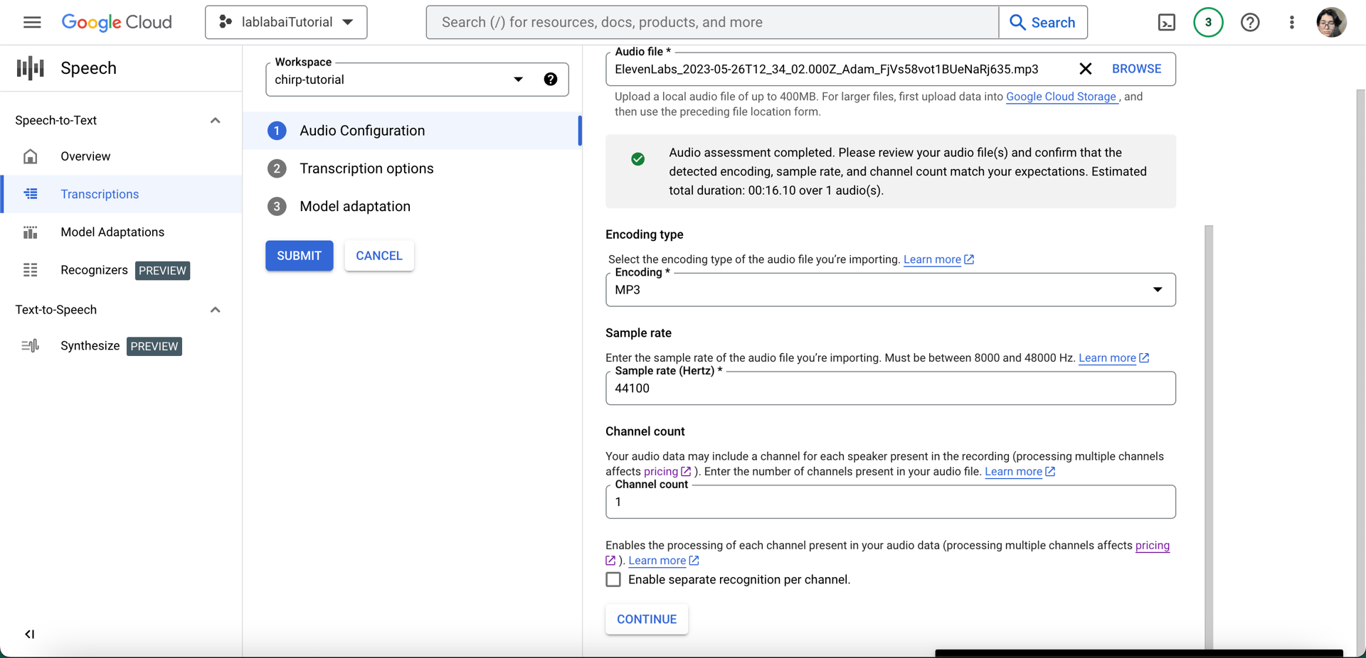 Google Cloud console transcription