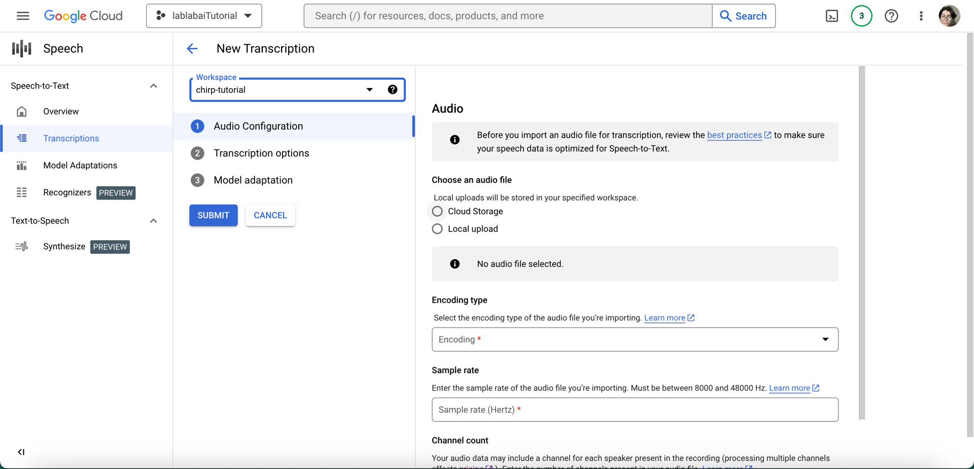 Google Cloud console Chirp Workspace