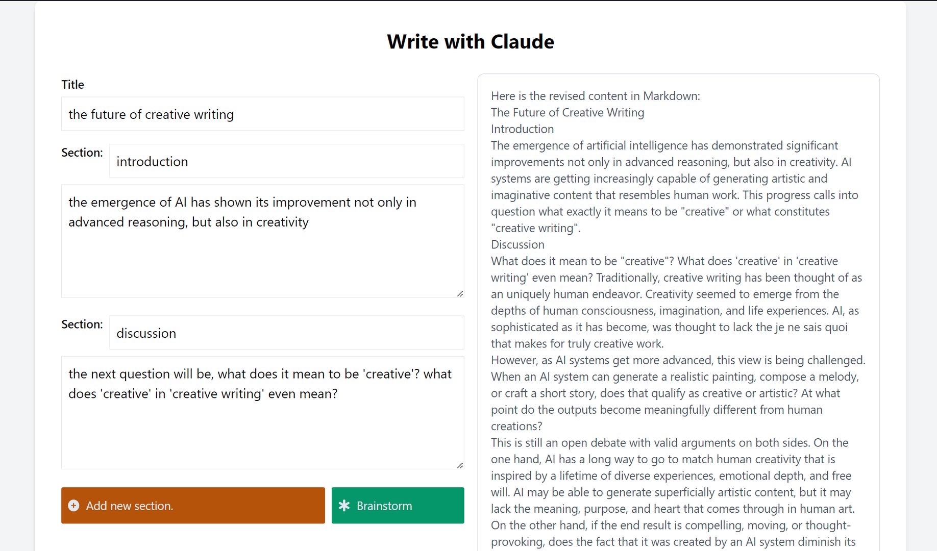 the response from Anthropic Claude API is displayed. The AI successfully provided the revision as well as expansion of our original idea.