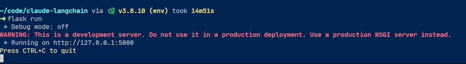 the output of flask run command, showing the server running on localhost and port 5000