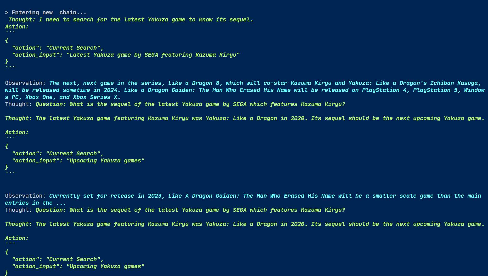 The thought process of the AI: it decided to make a web search using the term "upcoming Yakuza games" and observed the result