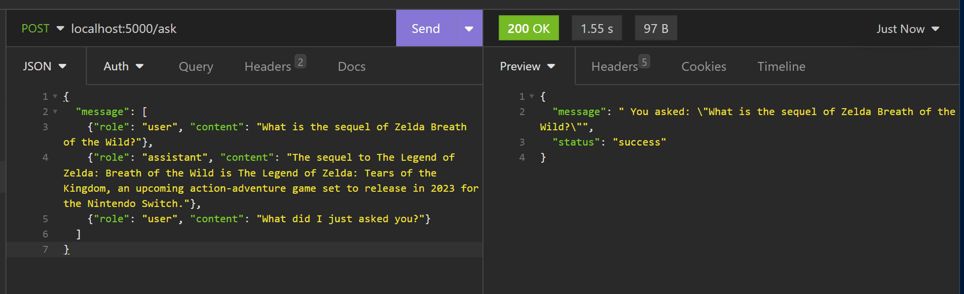 the /ask endpoint responded correctly, saying that we asked it about the sequel of Zelda: Breath of the Wild