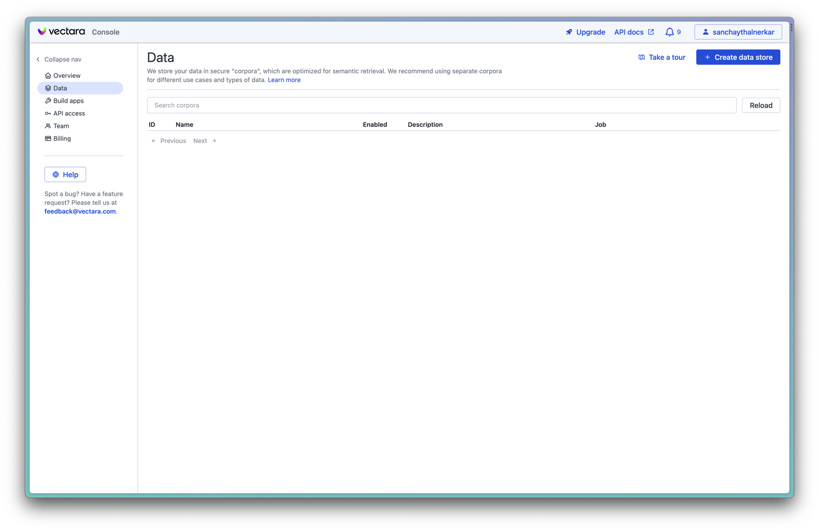 Navigate to Vectara Dashboard